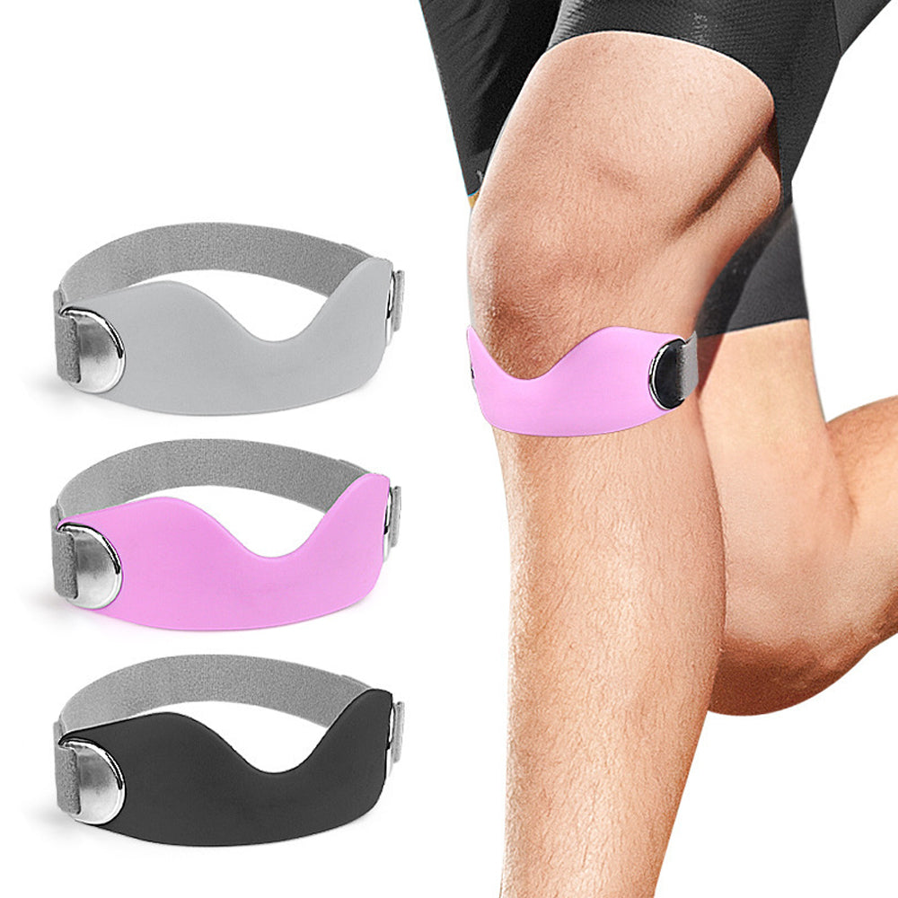 Three straps beside a knee wearing the pink one