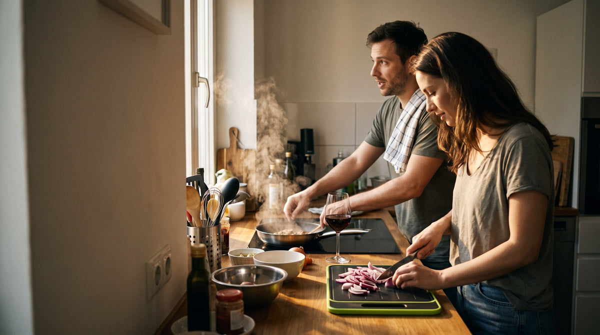 Two people cooking together, slicing onion on the cutting board