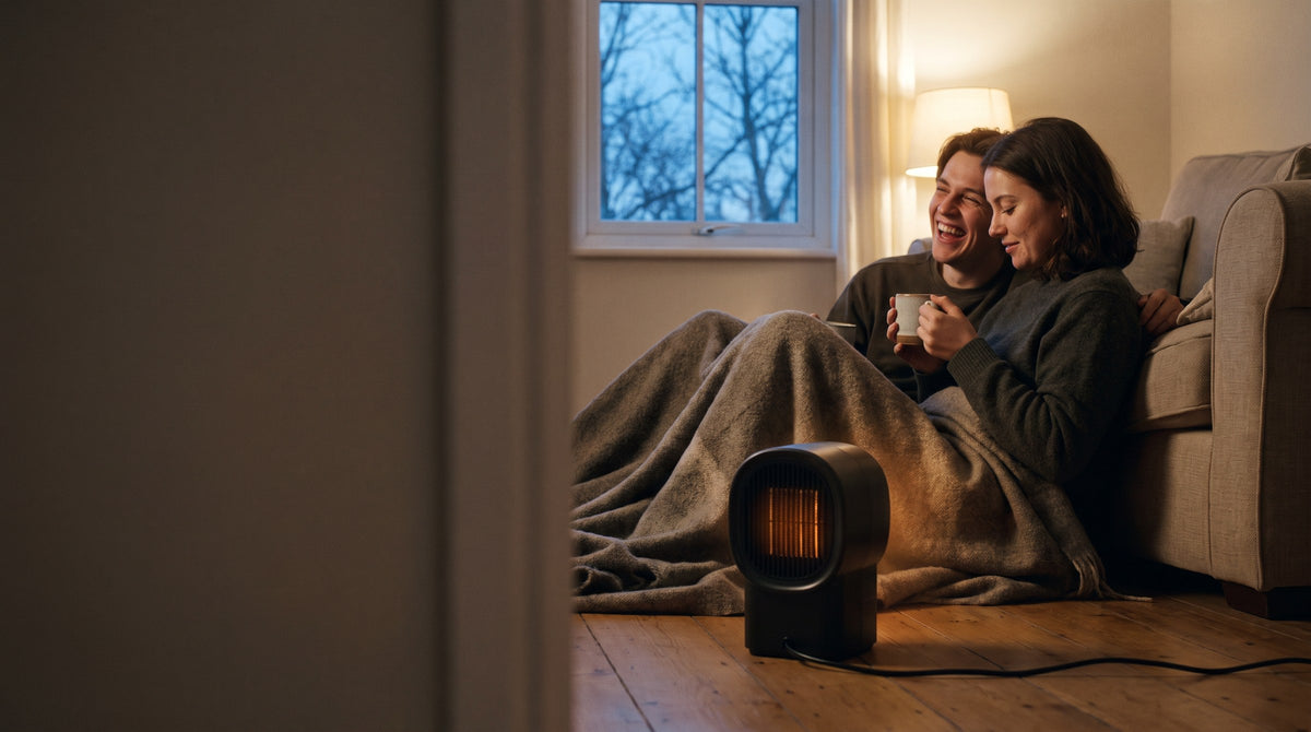 Two people under a blanket with the heater running on the floor