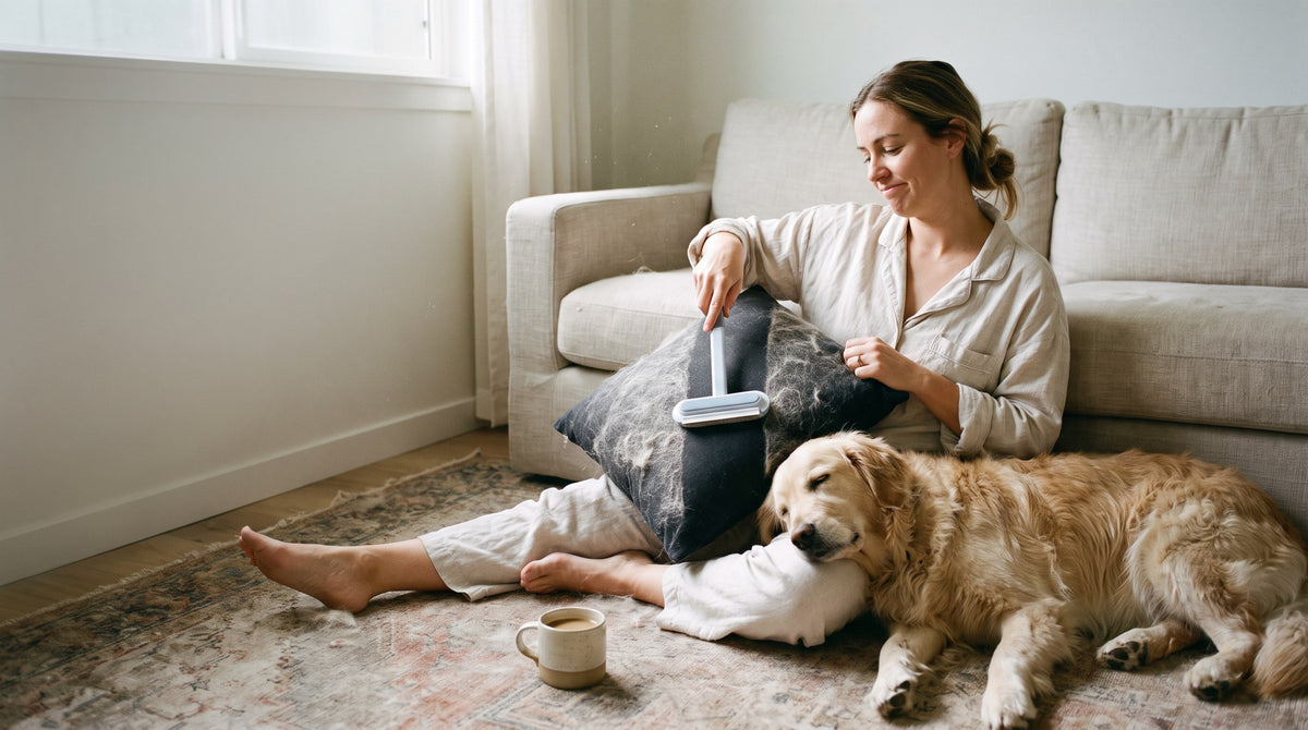 Brushing dog hair off a cushion beside a golden retriever