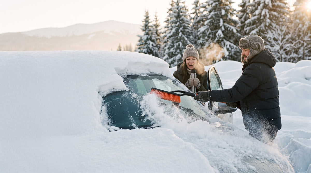 Two people clearing deep snow off a car with the snow brush