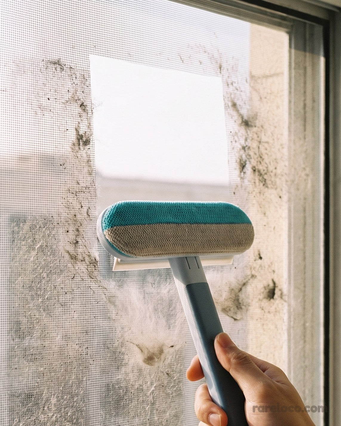 Cleaning dust from a window screen with the brush