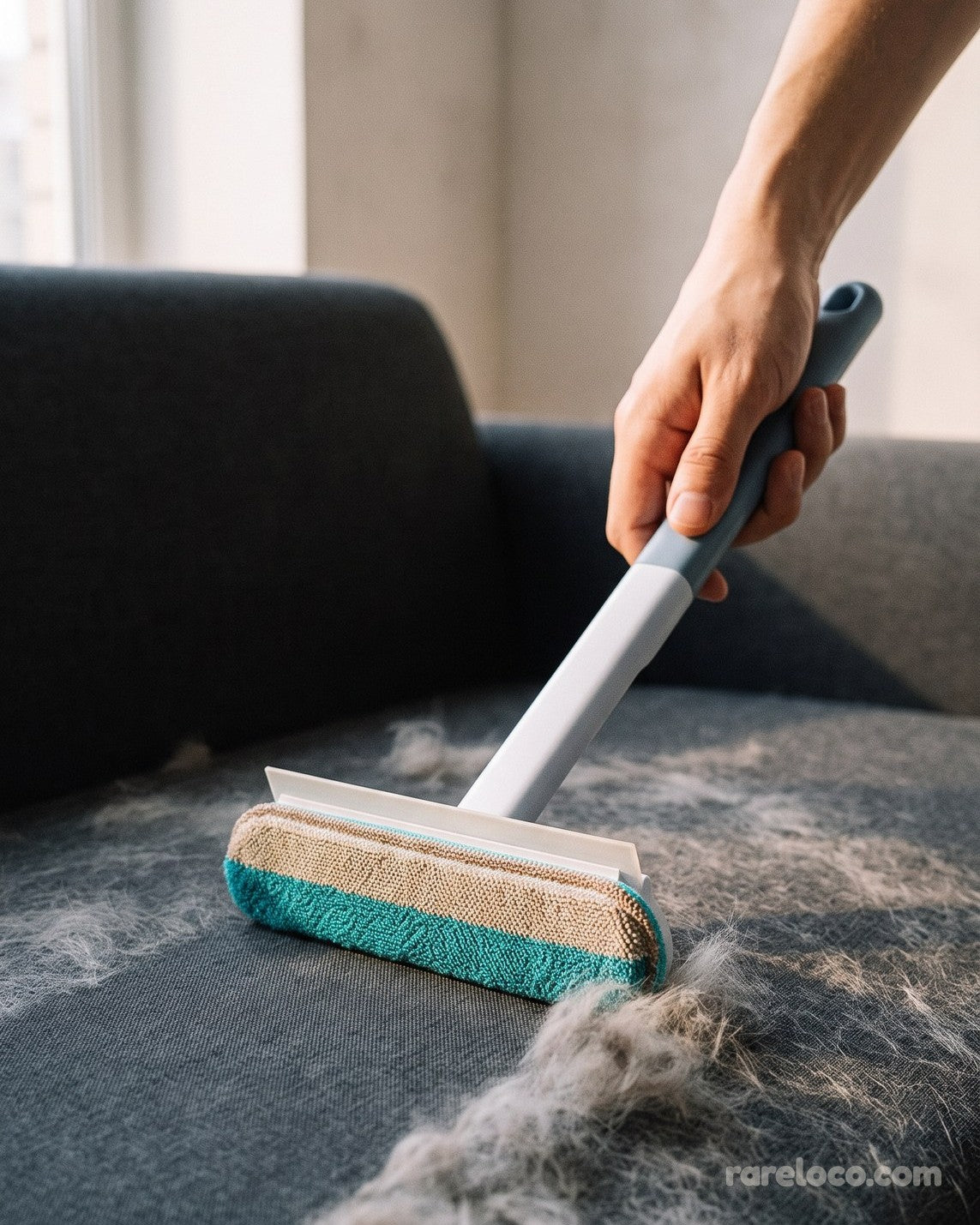 Lifting pet hair from a sofa with the brush