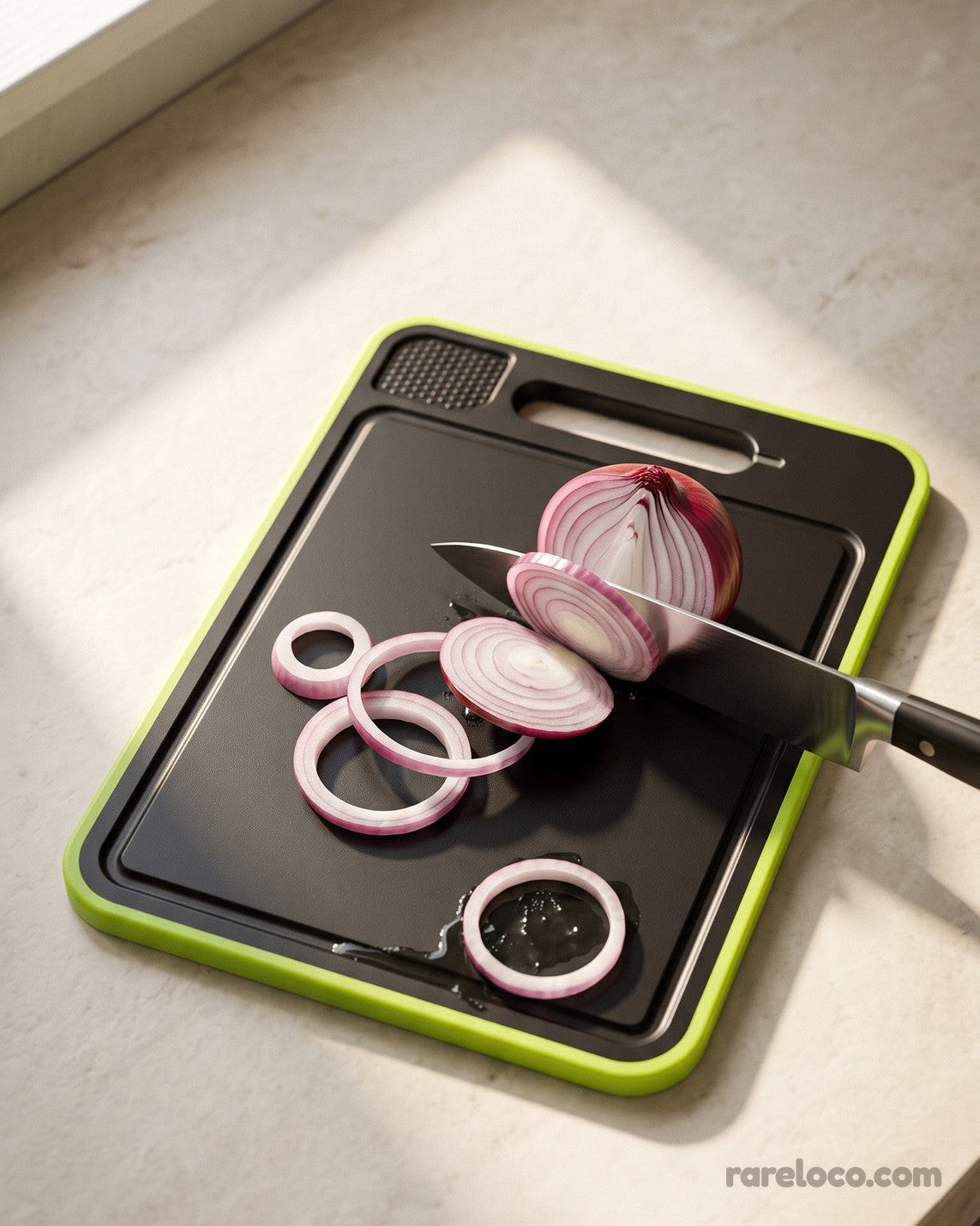 Slicing red onion on the chopping side, next to the juice groove