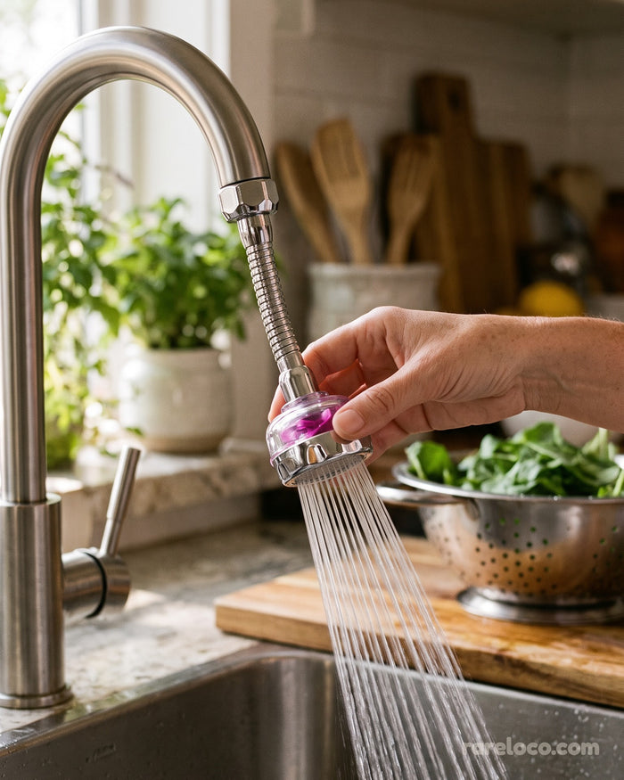 The extender fitted to a kitchen tap, spraying into a colander of greens