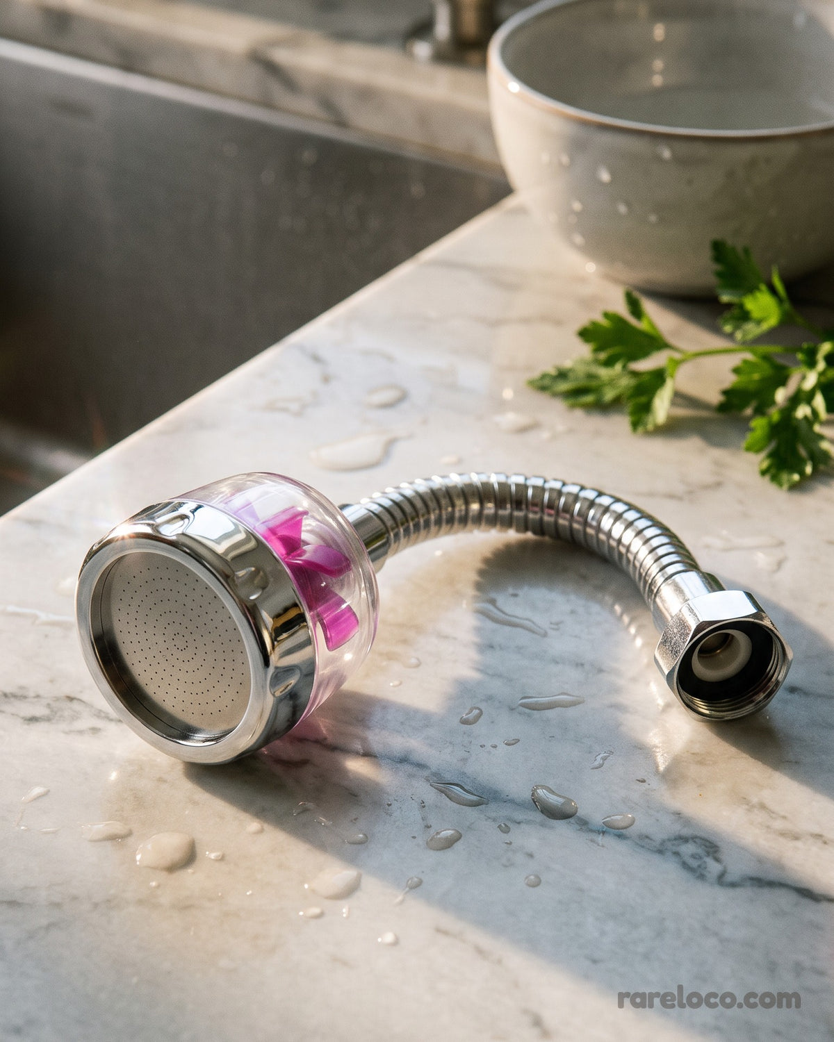 The extender on a worktop, showing the spray head and flexible hose