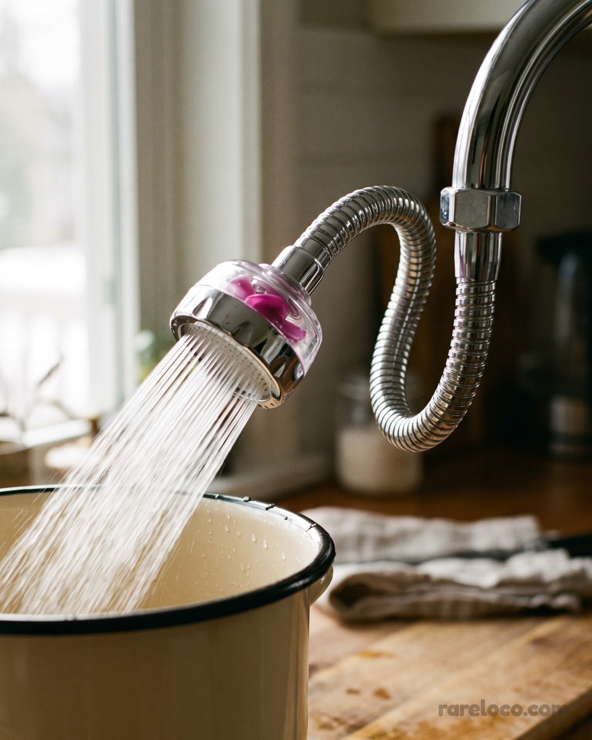 The hose bent over a pot, filling it without splashing