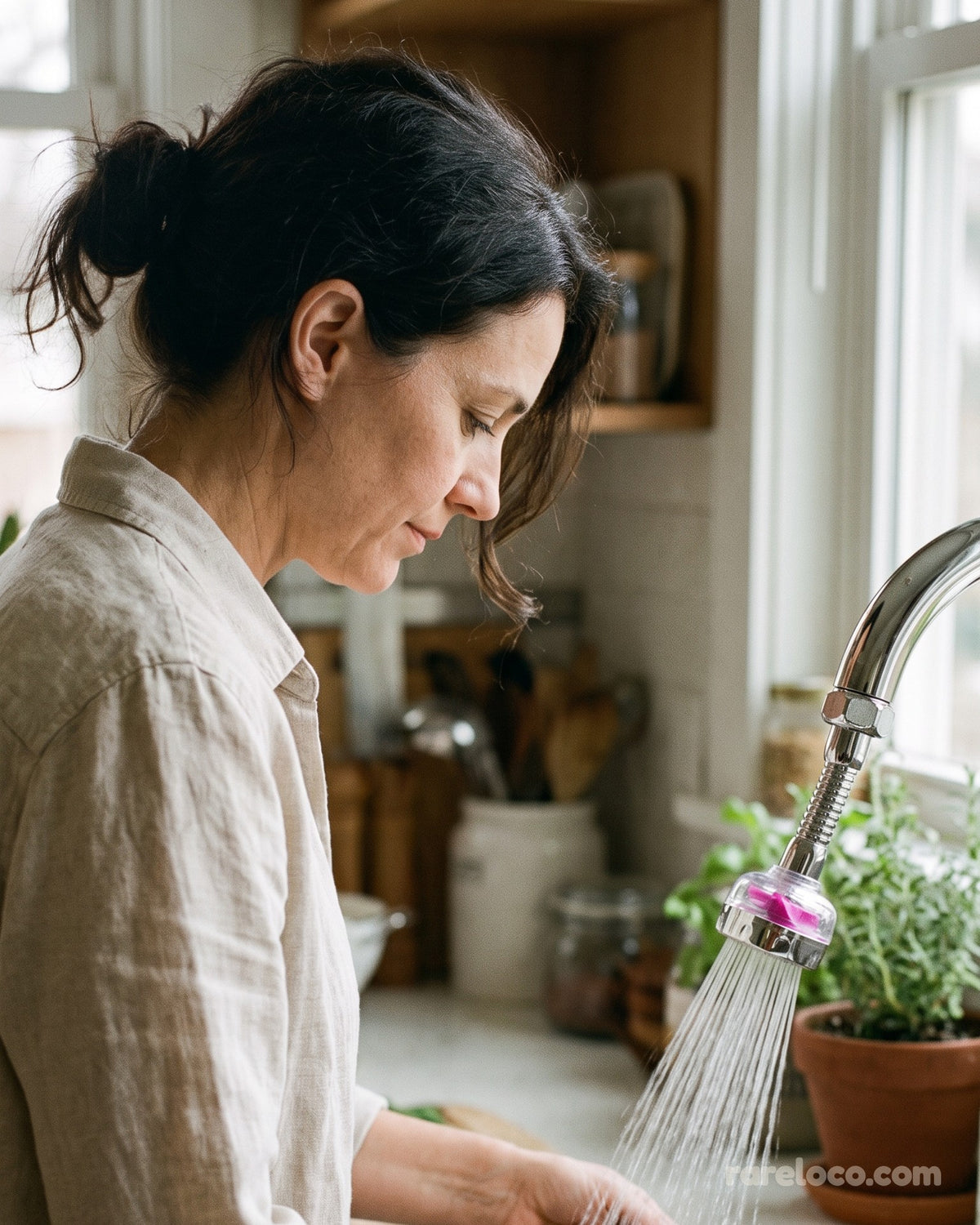 Washing herbs at the sink with the spray running