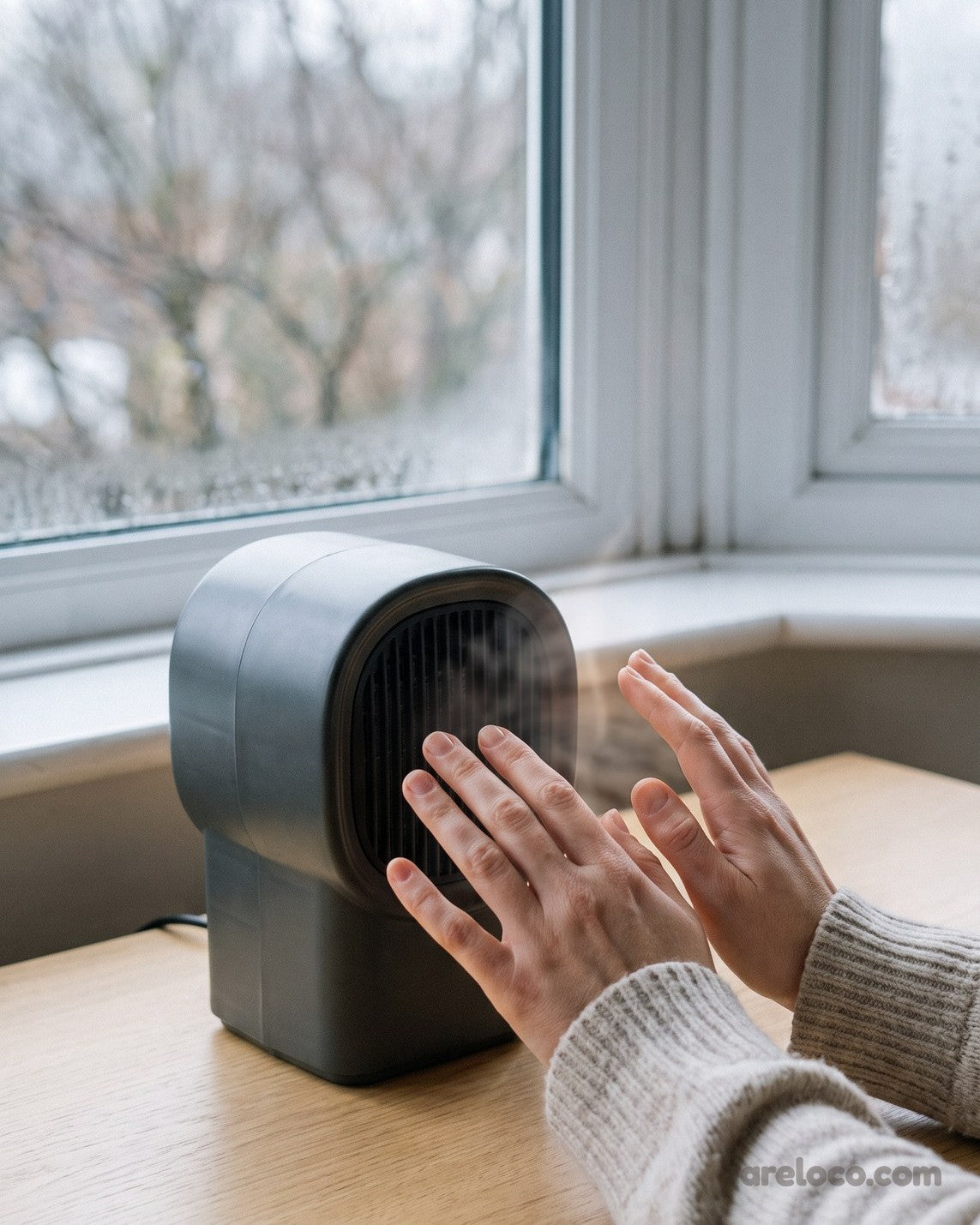 Warming both hands in front of the heater on a desk