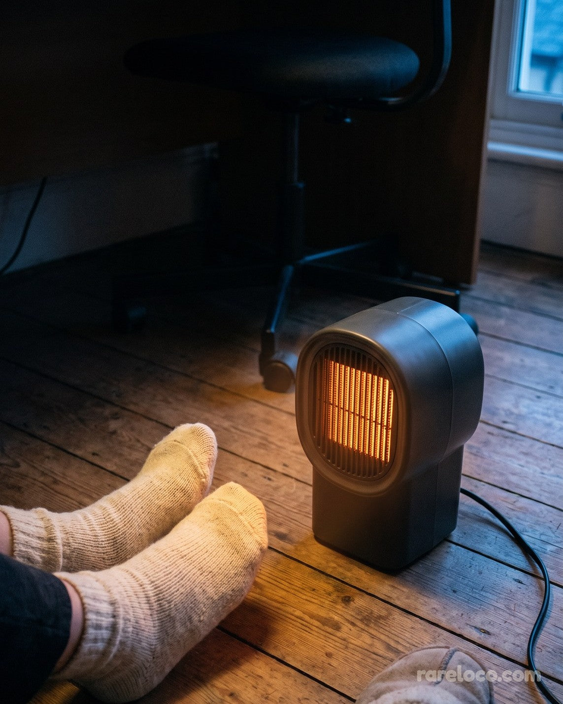 The heater running under a desk, warming feet in socks