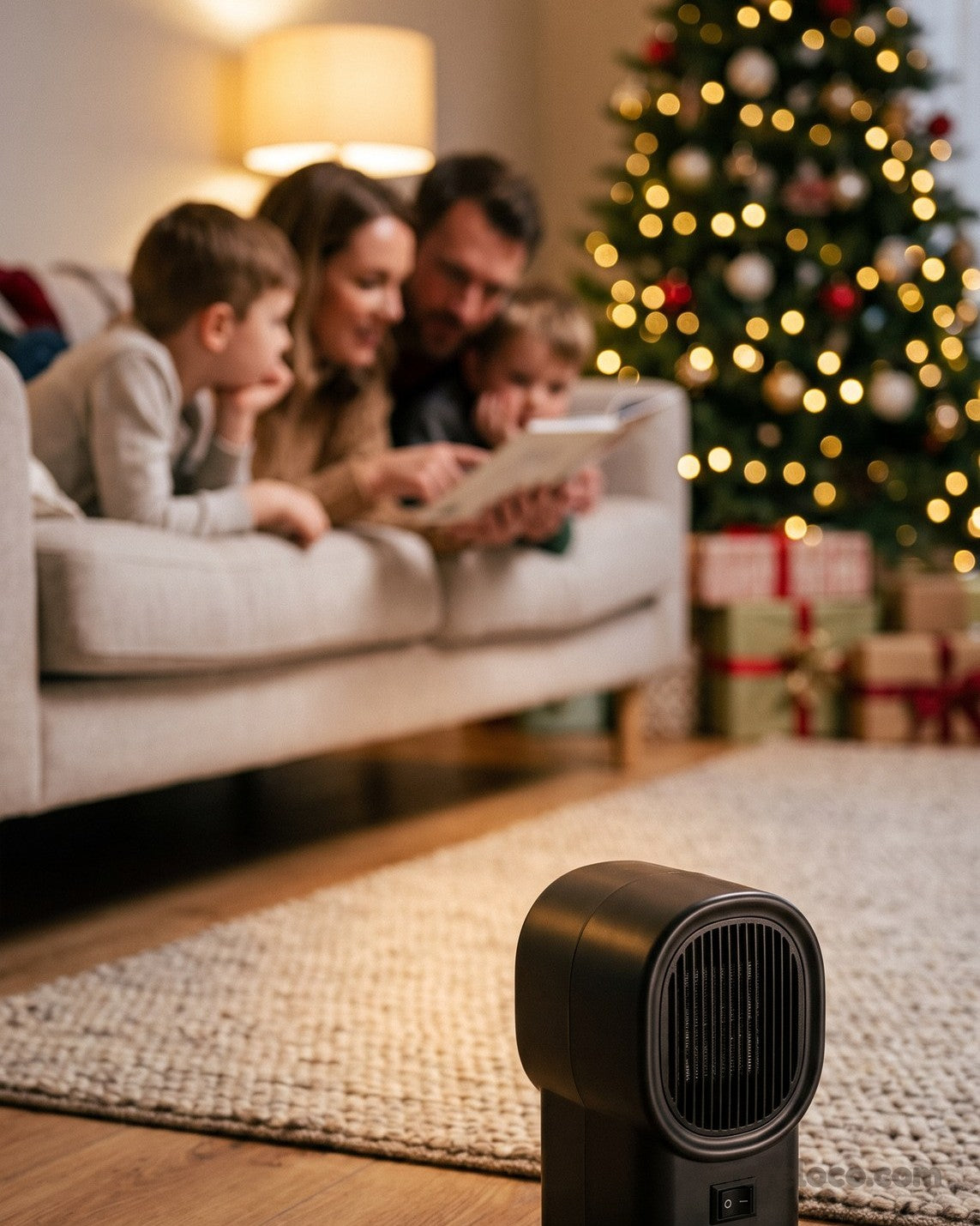 The heater on a living room floor beside a family on the sofa