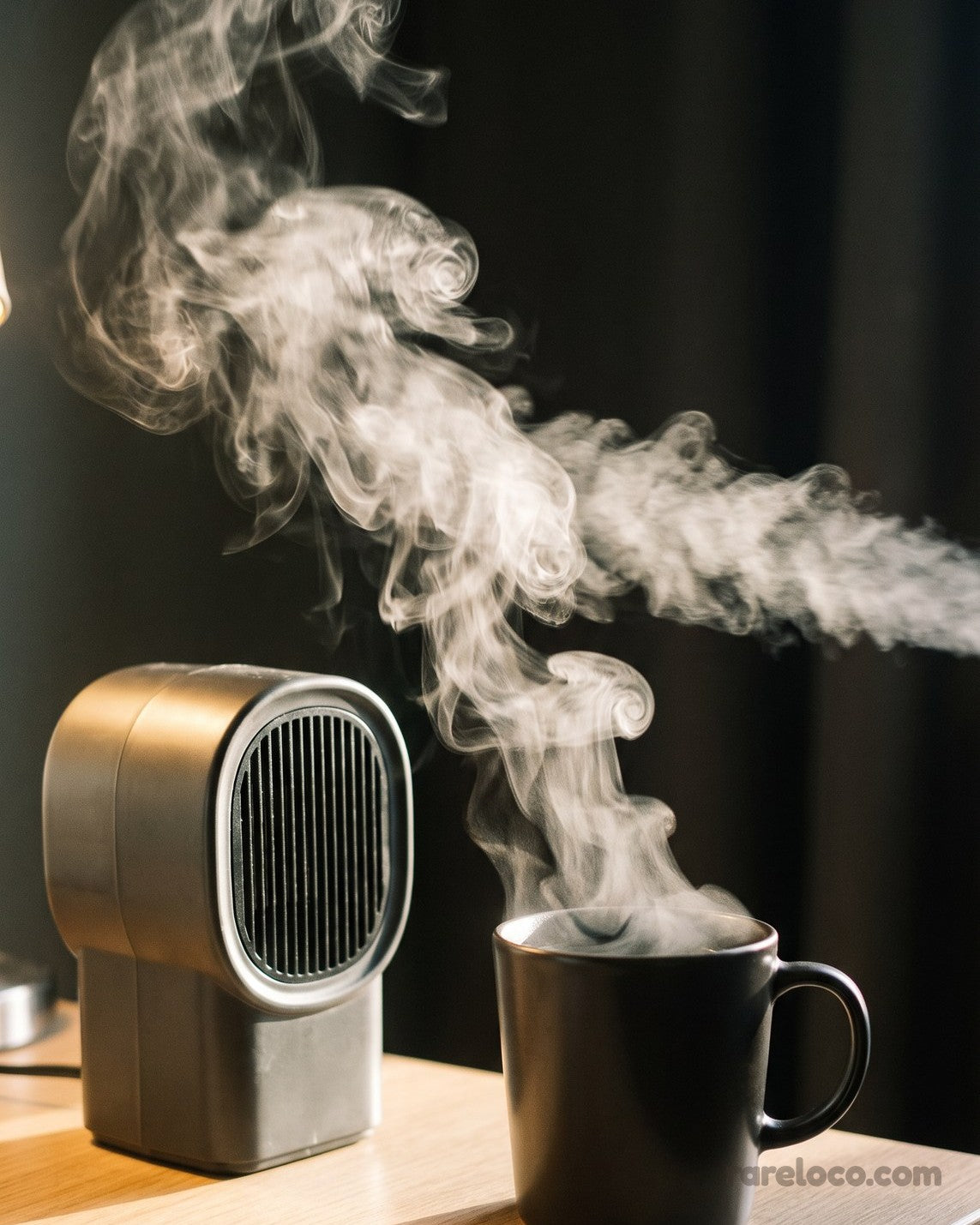 The heater on a desk next to a steaming mug