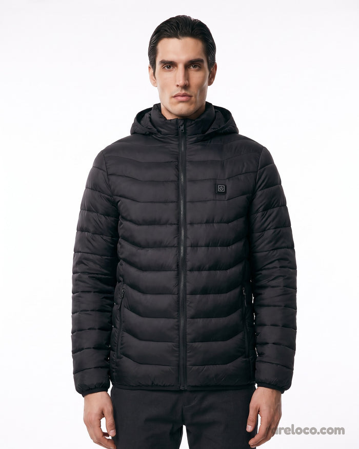 Black: heated jacket worn, front view