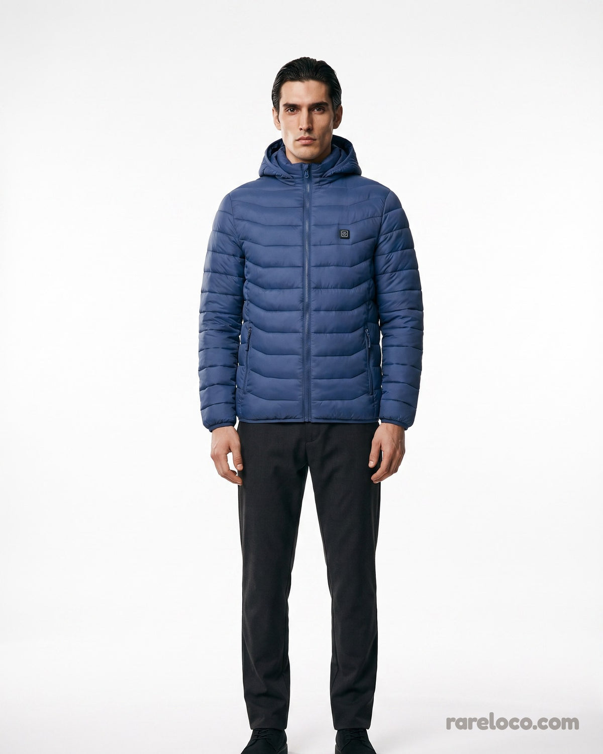 Blue: heated jacket worn, front view