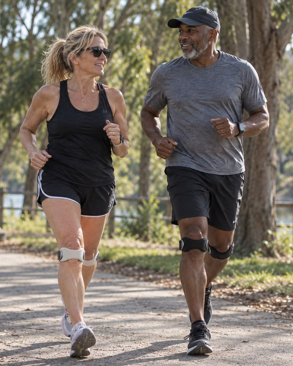Two runners on a trail, each wearing the strap below the knee