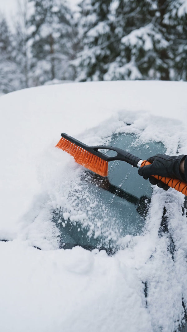 Clearing snow and ice from a car windscreen with the snow brush
