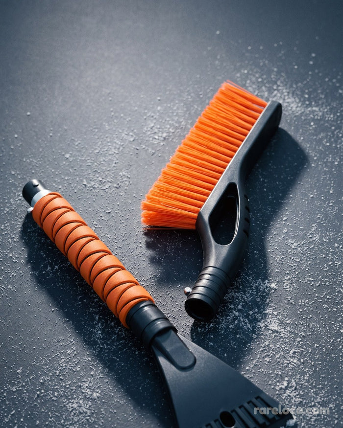 Snow brush and ice scraper, taken apart, on a frosted surface