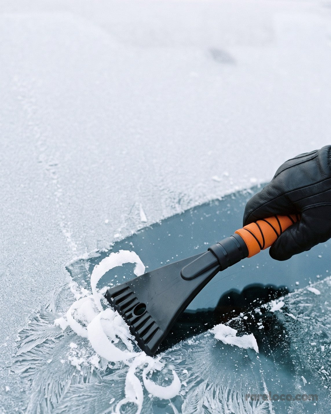 Scraping ice off a windscreen with the scraper end