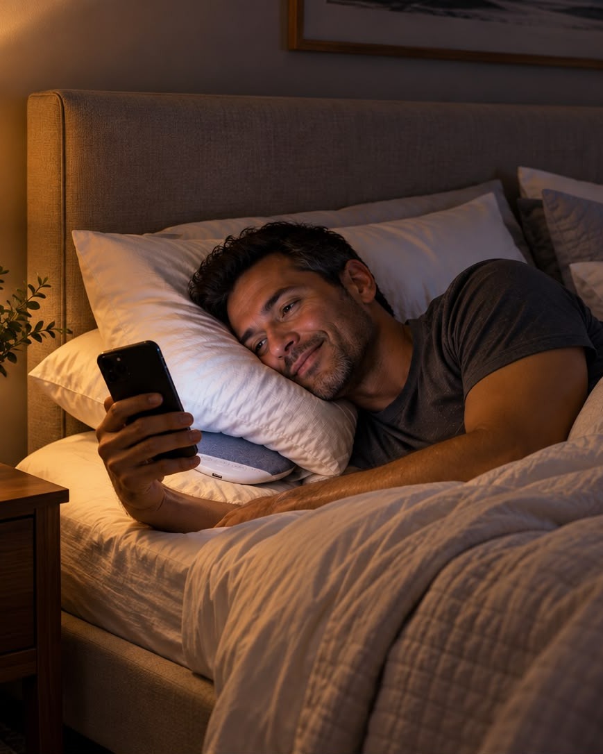 The speaker tucked under a pillow, buttons facing out, while he reads in bed